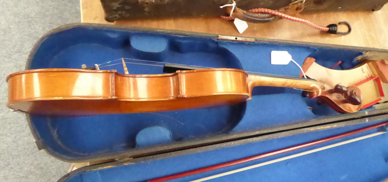 Violin 14'' one piece back, ebony fingerboard, no label, cased with bow - Image 3 of 14