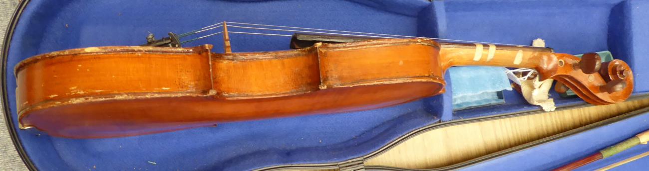 Violin 14'' one piece back, no label or maker's mark, cased with bowSome evidence of being - Image 3 of 14