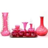 ~ Cranberry glass including a caraf, vases, vinegar bottle etc