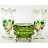 ~ A Victorian enamelled green glass lidded bowl and a pair of fruit painted opaque vases