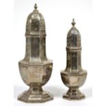 A large octagonal silver pedestal caster, Viners Ltd, Sheffield 1932; and a smaller example