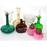 ~ Opaque pink glass oil lamps; Mary Gregory style green glass claret jug; gilt and opaque glass vase