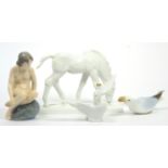 A modern Meissen foal, B & G gull, Rosenthal swan and a Royal Copenhagen figure