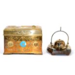 ~ A gilt metal stationary casket, set with enamel roundels (a.f.); and a silver plated inkwell in