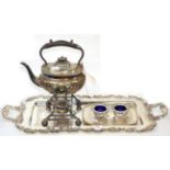 ~ Group of silver plated items comprising spirit kettle on stand, twin-handled tray, card tray, pair