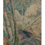 Robin Wallace (1897-1974) Wooded landscape with a river running through Signed and dated 1945, mixed