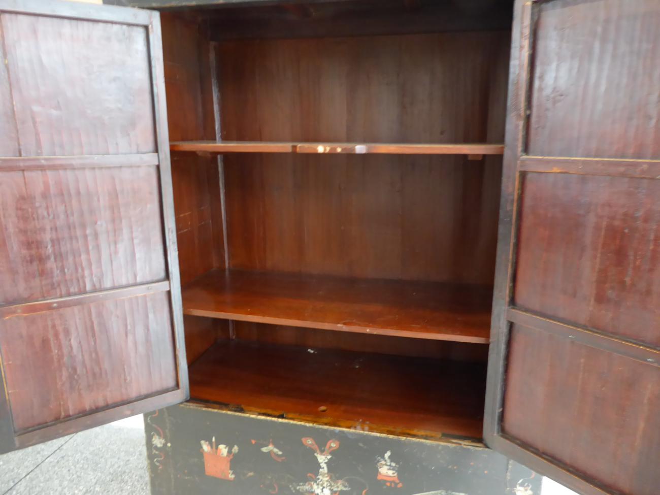 A Chinese Black Lacquer and Polychrome Decorated Wardrobe, decorated overall with Chinese censers, - Image 9 of 10