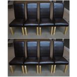 A Set of Eight Leather Dining Chairs, modern, raised on light oak square legs, 47cm by 52cm 100cm