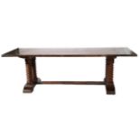 An Oak Refectory Style Dining Table, 20th century, of plank top construction with spiral turned