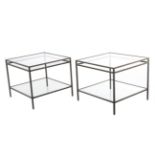 A Pair of Good Quality Burnished Wrought Iron and Glass Top Two-Tier Side Tables, modern, with