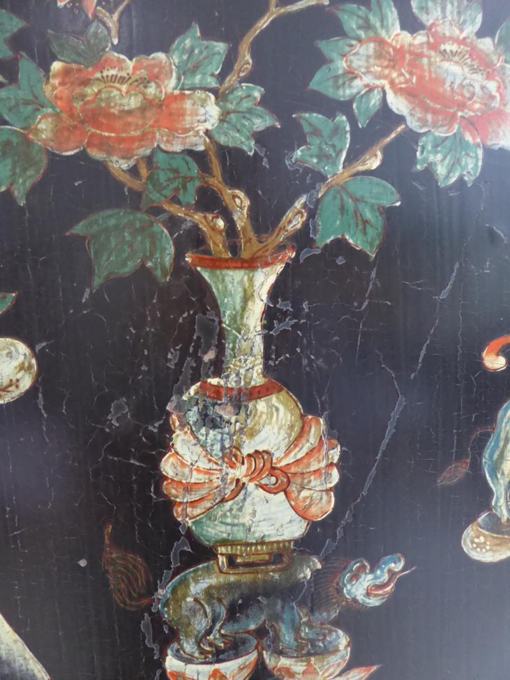A Chinese Black Lacquer and Polychrome Decorated Wardrobe, decorated overall with Chinese censers, - Image 3 of 10