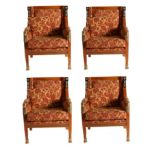 A Set of Four Egyptian Revival Burr Maple, Ebony and Gilt Metal Mounted Armchairs, modern,