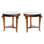 A Pair of Egyptian Revival Burr Maple, Ebony and Gilt Metal Mounted Circular Tables, modern, with