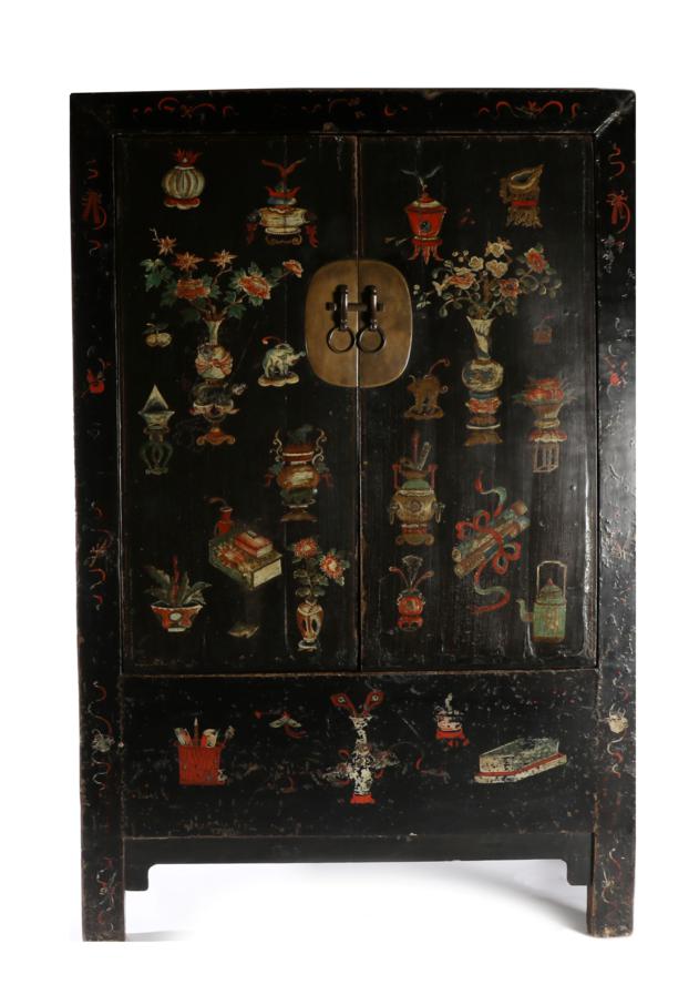 A Chinese Black Lacquer and Polychrome Decorated Wardrobe, decorated overall with Chinese censers,