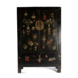 A Chinese Black Lacquer and Polychrome Decorated Wardrobe, decorated overall with Chinese censers,