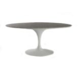 An Italian White and Grey Marble Effect Oval Table, modern, raised on narrow tapering white