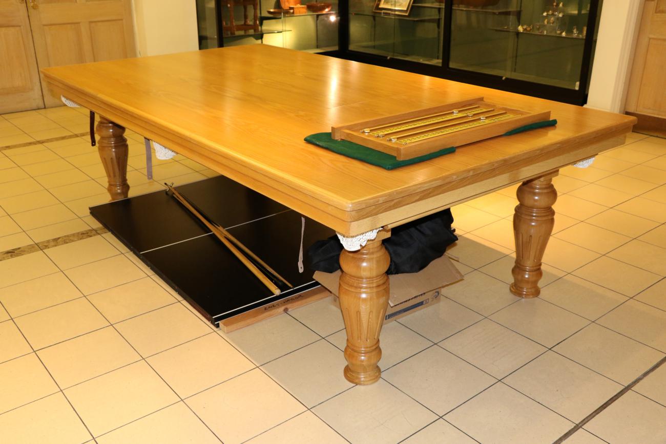 A Bespoke Light Oak Billiards/Snooker/Dining Table, with black cloth, three removable dining