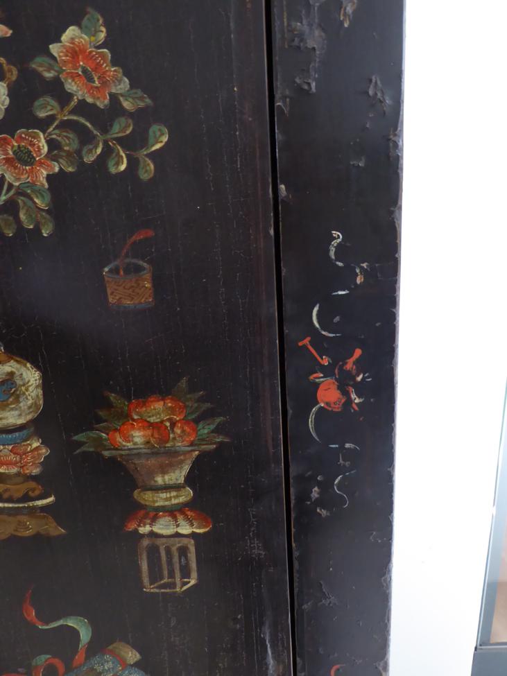 A Chinese Black Lacquer and Polychrome Decorated Wardrobe, decorated overall with Chinese censers, - Image 8 of 10