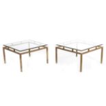 A Pair of Gilded Wrought Iron Glass Top Coffee Tables, modern, with square tubular frames, 70cm by