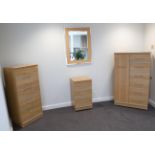 A Beech Veneered Three Piece Bedroom Suite, modern, labelled Alstons Furniture, Ipswich, Suffolk,