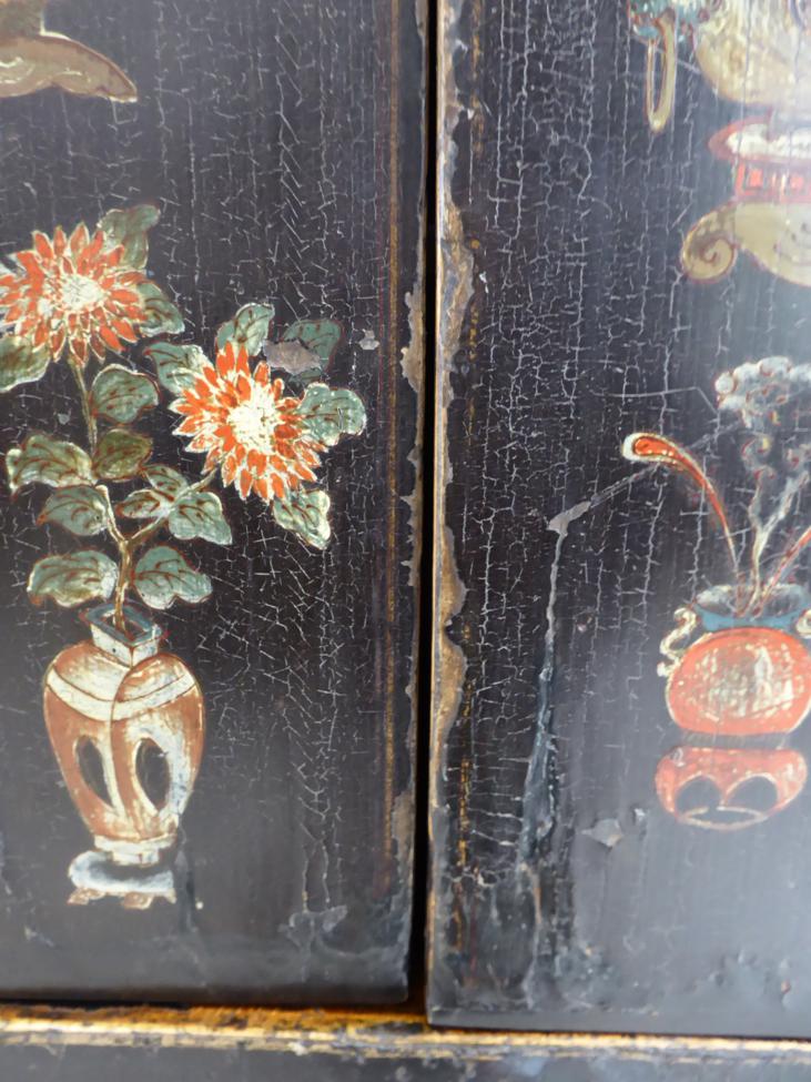 A Chinese Black Lacquer and Polychrome Decorated Wardrobe, decorated overall with Chinese censers, - Image 4 of 10