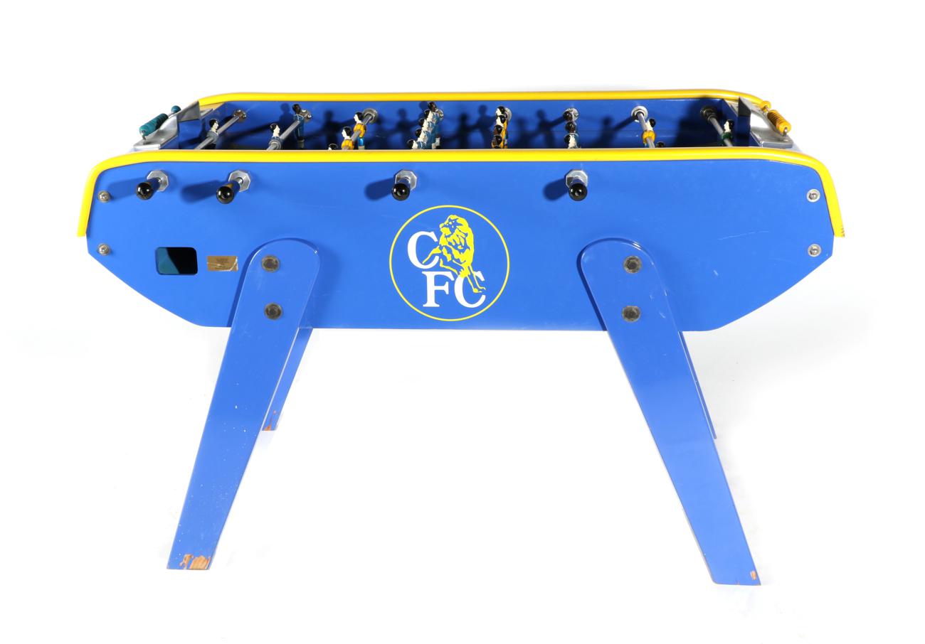 A Blue and Yellow Painted Football Table, in the colours of Chelsea Football Club, with eight