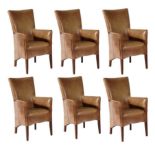 A Set of Six Armchairs, retailed by Barker & Stonehouse, modern, upholstered in vintage brown