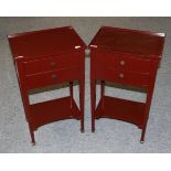 A Pair of Roche Bobois Red Painted Two-Drawer Bedside Tables, modern, with galleried tops above