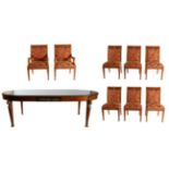 An Egyptian Revival Burr Maple, Ebony and Gilt Metal Mounted Dining Table, modern, comprising an