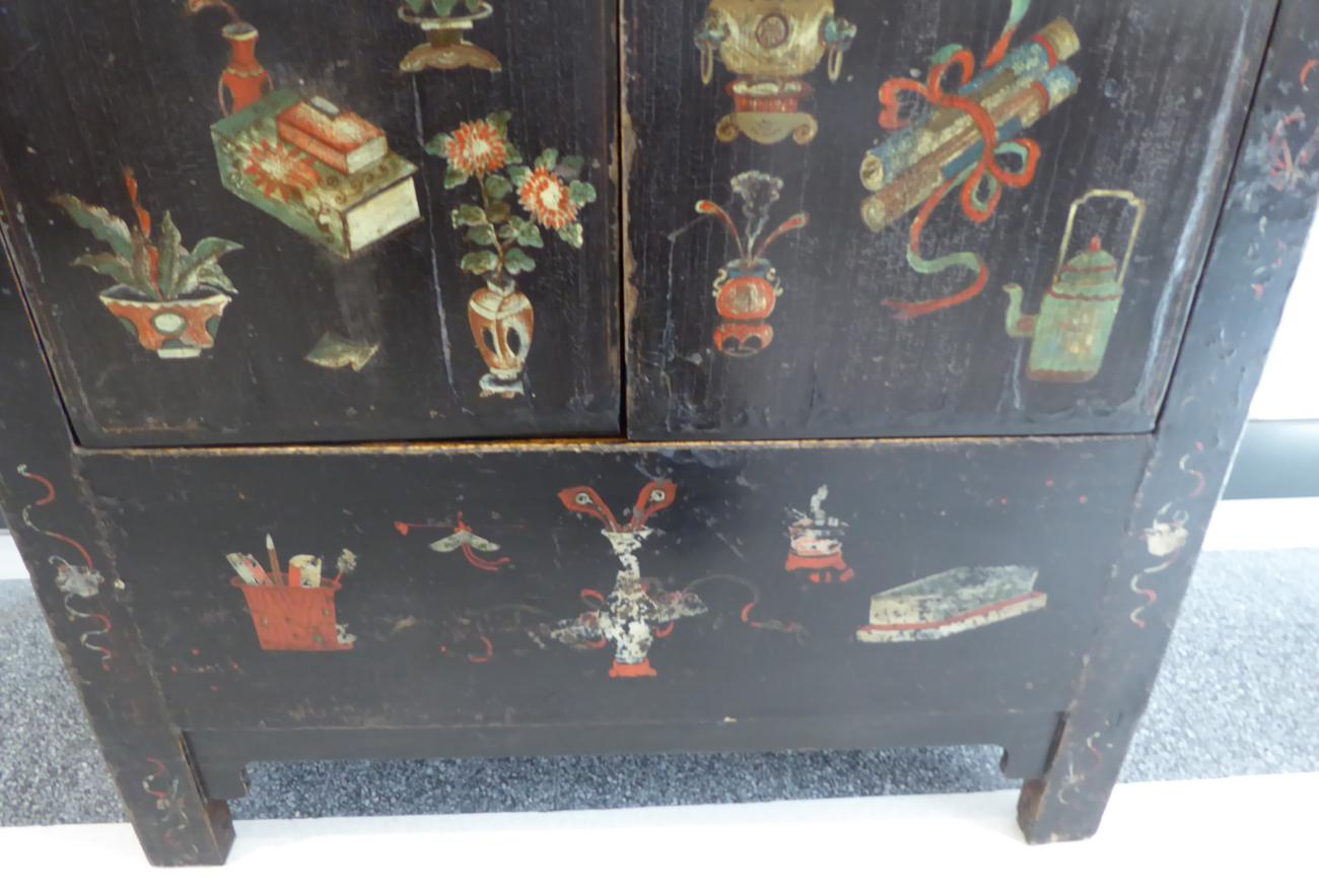 A Chinese Black Lacquer and Polychrome Decorated Wardrobe, decorated overall with Chinese censers, - Image 10 of 10