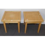 A Pair of Beech Lamp or Side Tables, modern, with strung tops, raised on square tapering legs,