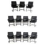 Seven Black Tubular and Black Leather Office Armchairs, modern, 65cm by 50cm by 97cm