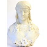 An Italian White Marble Bust of a Maiden, early 20th century, wearing a headscarf and necklace, 51cm