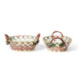 A Pair of Worcester Porcelain Yellow Ground Baskets, circa 1765, of ovoid form with crabstock