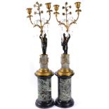 A Pair of Parcel Gilt, Bronze and Marble Candelabra, in Louis XV style, the branches hung with