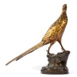 Leon Bureau (French, 1866-1906): A Gilt and Patinated Bronze Model of a Pheasant, on a