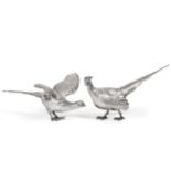 A Pair of Silver Table Models of Pheasants, C J Vander, London 1986, modelled as a cock and a hen,