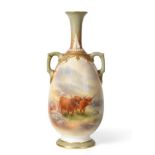 A Royal Worcester Porcelain Twin-Handled Pear Shaped Vase, painted by Harry Stinton, 1908, with