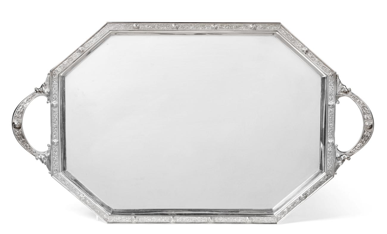 A Twin-Handled Silver Tray, Mappin & Webb, London 1950, rectangular with cut corners, decorated with