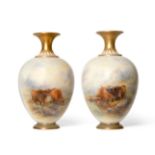 A Pair of Royal Worcester Porcelain Vases, painted by John Stinton, 1921, of ovoid form with trumpet