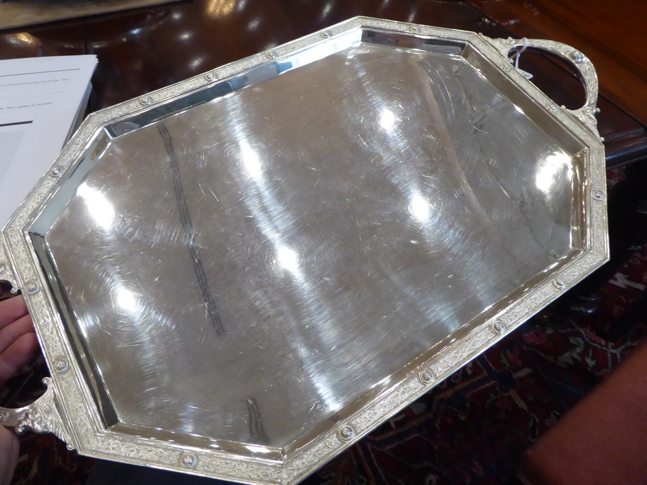 A Twin-Handled Silver Tray, Mappin & Webb, London 1950, rectangular with cut corners, decorated with - Image 4 of 4