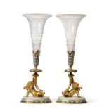 A Pair of French Gilt Bronze Champlevé Enamel and Onyx Mounted Glass Figural Vases, circa 1860, of