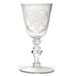 A Large Armorial Wine Glass, circa 1780, the rounded funnel bowl engraved with arms of Delfland