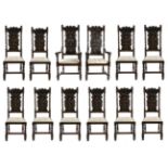 A Set of Twelve Victorian Carved Oak High-Back Dining Chairs, late 19th century, with acanthus