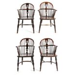 A Matched Pair of Mid 19th Century Yorkshire Yew and Elm Windsor Armchairs, with double spindle back