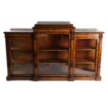 A Victorian Figured Walnut and Marquetry Inlaid Breakfront Display Cabinet, circa 1870, the centre