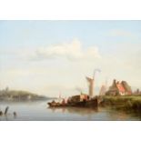 Nicolaas Riegen (1827-1889) Dutch Dutch river scene Signed, oil on panel, 19.5cm by 27.5cm