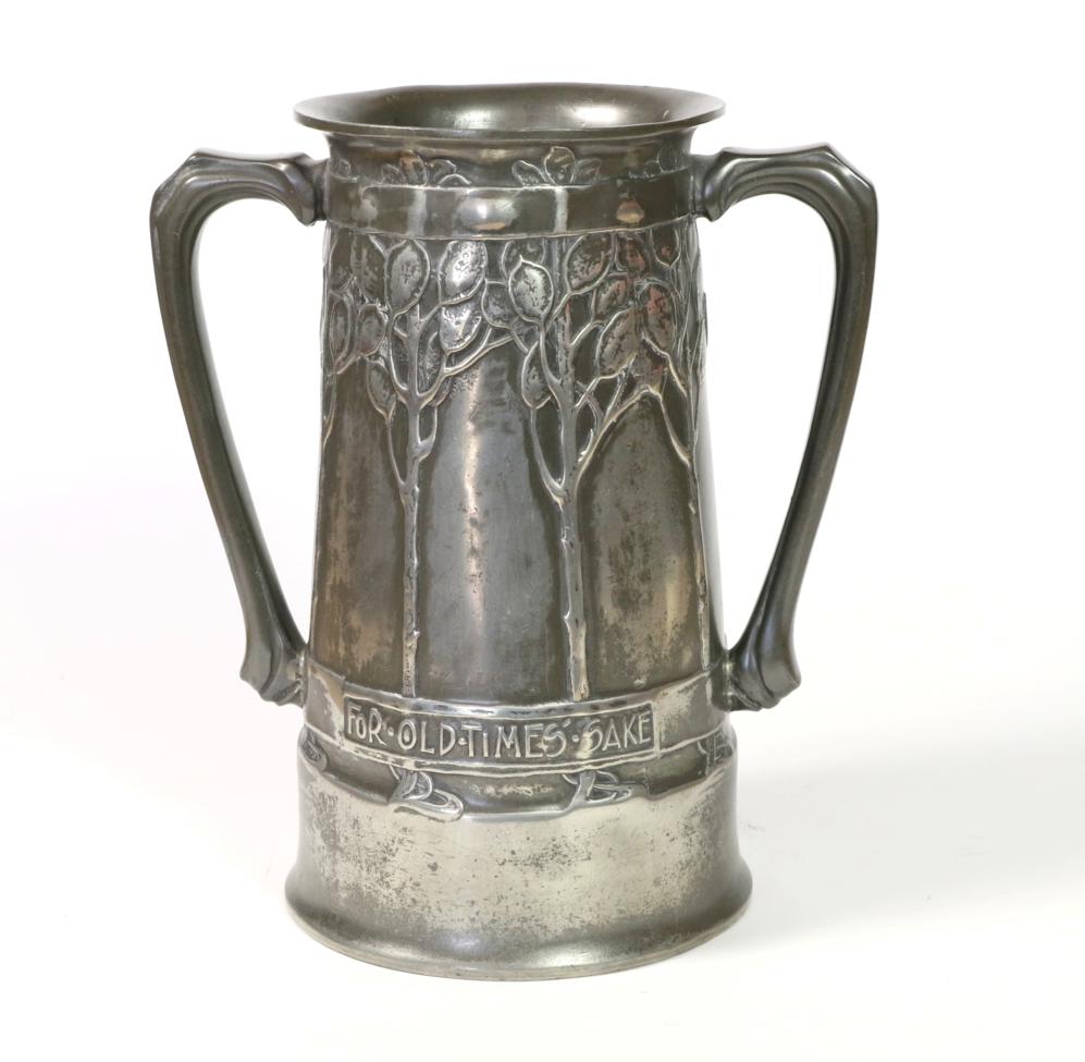 David Veasey for Liberty & Co: A Pewter Twin-Handled Loving Cup, covered by honesty and verse FOR