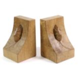 Mouseman: A Pair of Robert Thompson English Oak Single Mouse Bookends, each with carved mouse