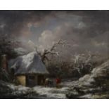 Attributed to George Morland (1763-1804) Returning home in snow Signed, oil on canvas, 24cm by 29cm